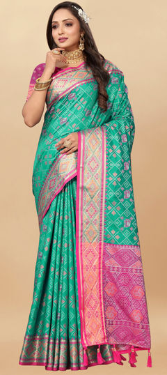 Green color Saree in Patola Silk fabric with Printed, Weaving work