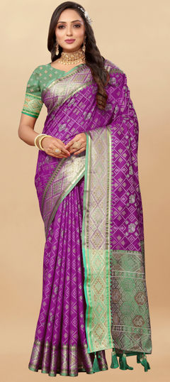 Purple and Violet color Saree in Patola Silk fabric with Printed, Weaving work