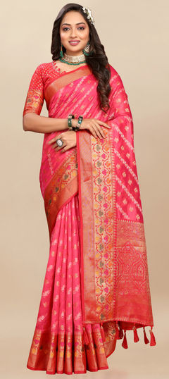 Pink and Majenta color Saree in Organza Silk fabric with Weaving, Zari work