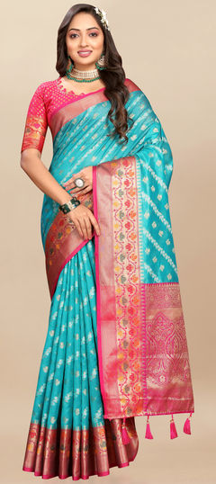 Blue color Saree in Organza Silk fabric with Weaving, Zari work