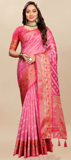 Pink and Majenta color Saree in Organza Silk fabric with Weaving, Zari work