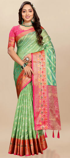 Green color Saree in Organza Silk fabric with Weaving, Zari work