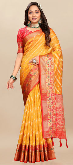 Yellow color Saree in Organza Silk fabric with Weaving, Zari work