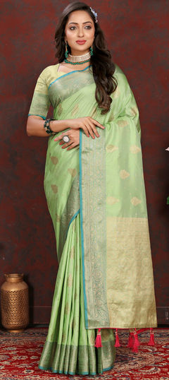 Reception, Traditional Green color Saree in Silk cotton fabric with South Weaving, Zari work : 1943999