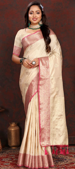 Beige and Brown color Saree in Silk cotton fabric with Weaving, Zari work