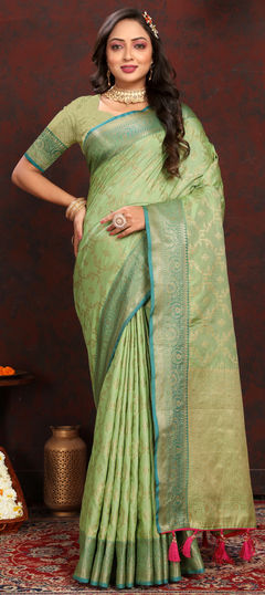 Reception, Traditional Green color Saree in Silk cotton fabric with South Weaving, Zari work : 1944003