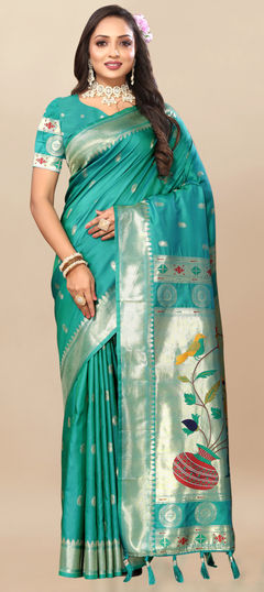Green color Saree in Art Silk, Silk fabric with Weaving, Zari work
