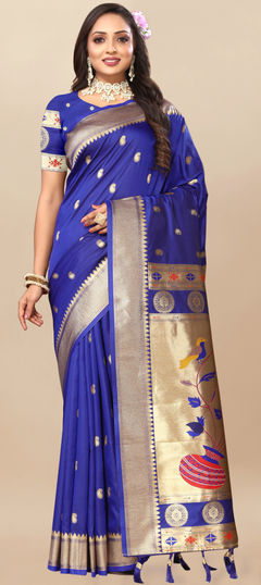 Blue color Saree in Art Silk, Silk fabric with Weaving, Zari work
