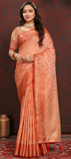 Reception, Traditional Pink and Majenta color Saree in Silk cotton fabric with South Weaving, Zari work : 1944006