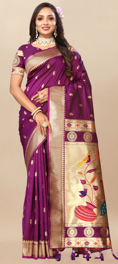 Purple and Violet color Saree in Art Silk, Silk fabric with Weaving, Zari work