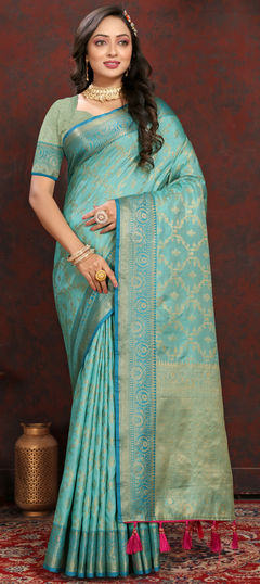 Reception, Traditional Blue color Saree in Silk cotton fabric with South Weaving, Zari work : 1944011