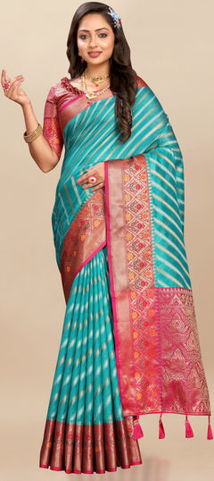 Blue color Saree in Organza Silk fabric with Weaving, Zari work