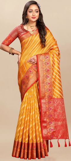 Yellow color Saree in Organza Silk fabric with Weaving, Zari work