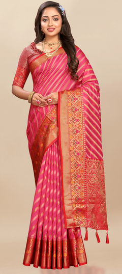 Pink and Majenta color Saree in Organza Silk fabric with Weaving, Zari work