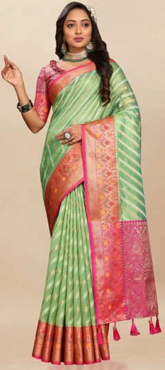 Green color Saree in Organza Silk fabric with Weaving, Zari work