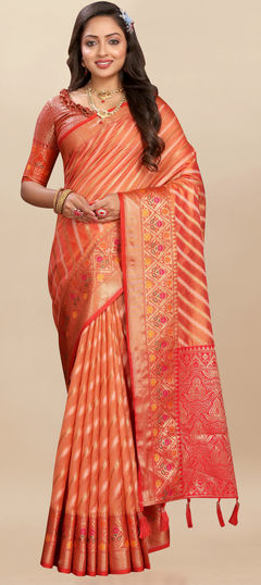 Orange color Saree in Organza Silk fabric with Weaving, Zari work