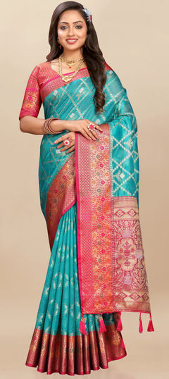 Blue color Saree in Organza Silk fabric with Weaving, Zari work