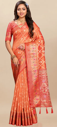 Orange color Saree in Organza Silk fabric with Weaving, Zari work