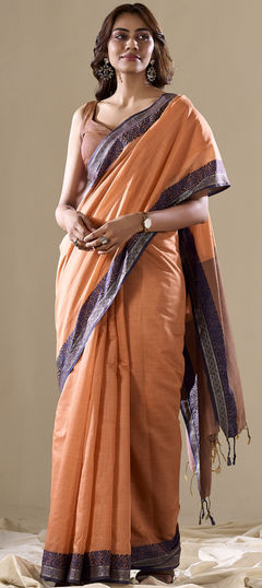 Beige and Brown color Saree in Cotton fabric with Printed work