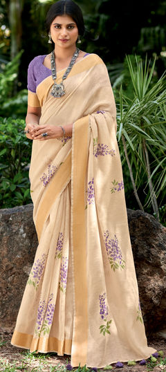 Yellow color Saree in Linen fabric with Printed work