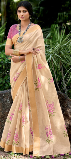 Beige and Brown color Saree in Linen fabric with Printed work