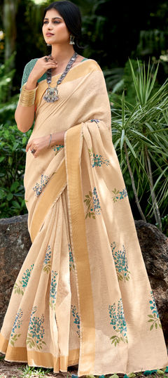 Yellow color Saree in Linen fabric with Printed work