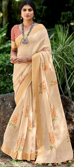 Yellow color Saree in Linen fabric with Printed work