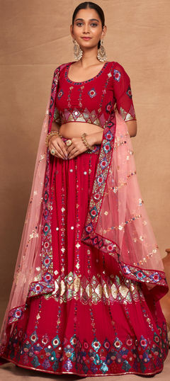 Red and Maroon color Lehenga in Georgette fabric with Embroidered, Sequence work