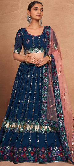 Blue color Lehenga in Georgette fabric with Embroidered, Sequence work