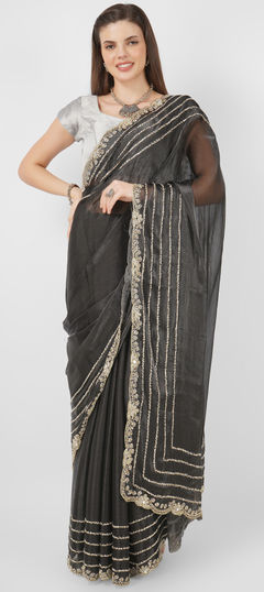 Black and Grey color Saree in Chiffon fabric with Cut Dana, Stone work