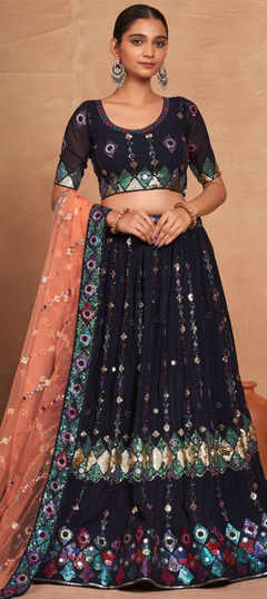 Blue color Lehenga in Georgette fabric with Embroidered, Sequence work