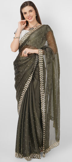 Green color Saree in Chiffon fabric with Cut Dana, Stone work