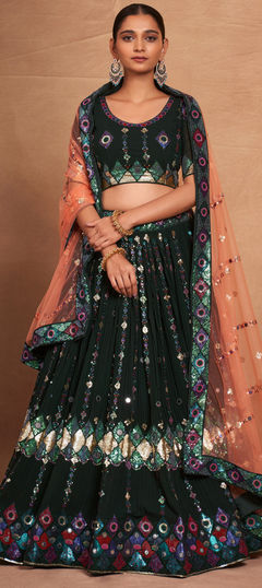 Green color Lehenga in Georgette fabric with Embroidered, Sequence work