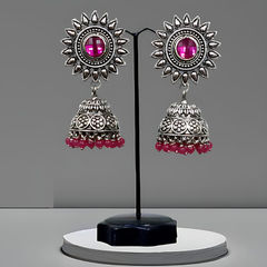 Silver Rodium Polish Pink and Majenta color Earrings in Metal Alloy studded with CZ Diamond