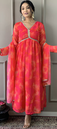 Festive, Reception Red and Maroon color Salwar Kameez in Georgette fabric with Anarkali Mirror, Printed work : 1944395