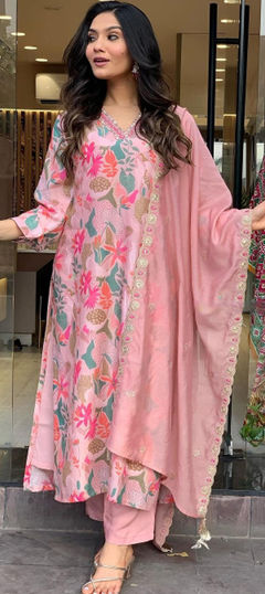 Festive, Reception Pink and Majenta color Salwar Kameez in Muslin fabric with Straight Embroidered, Printed work : 1944396