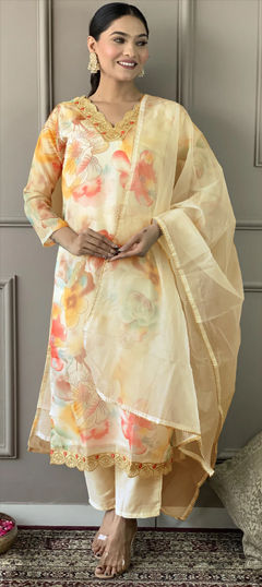 White and Off White color Salwar Kameez in Organza Silk fabric with Embroidered, Floral, Printed work