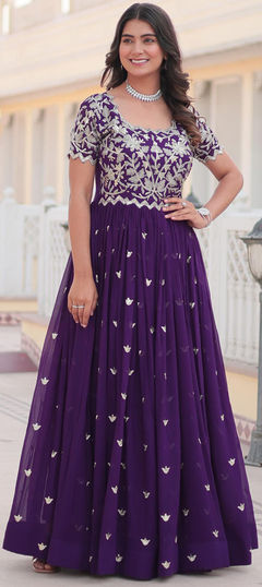 Purple and Violet color Gown in Georgette fabric with Embroidered, Sequence, Thread work