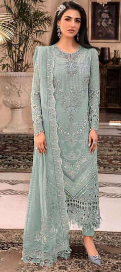 Green color Salwar Kameez in Faux Georgette fabric with Embroidered, Thread work