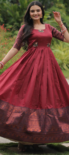 Festive, Reception Red and Maroon color Gown in Banarasi Silk fabric with Embroidered, Sequence, Zari work : 1944466