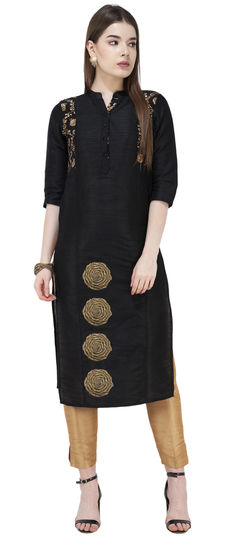 Black and Grey color Salwar Kameez in Dupion Silk fabric with Embroidered, Printed work