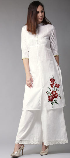 White and Off White color Salwar Kameez in Cotton fabric with Embroidered work