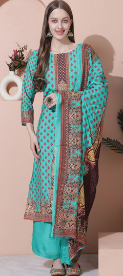 Green color Salwar Kameez in Muslin fabric with Digital Print work