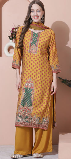 Yellow color Salwar Kameez in Muslin fabric with Digital Print work