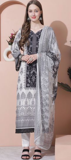 White and Off White color Salwar Kameez in Cotton fabric with Digital Print, Embroidered, Floral, Sequence work