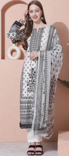 White and Off White color Salwar Kameez in Cotton fabric with Digital Print, Embroidered, Floral, Sequence work