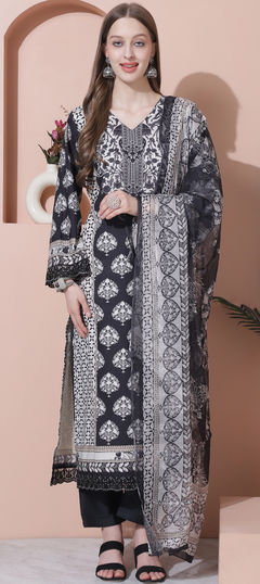 Black and Grey color Salwar Kameez in Cotton fabric with Digital Print, Embroidered, Floral, Sequence work