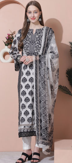 White and Off White color Salwar Kameez in Cotton fabric with Digital Print, Embroidered, Floral, Sequence work