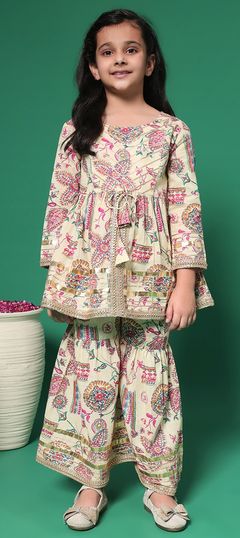 Festive, Summer Beige and Brown color Girls Top with Bottom in Cotton fabric with Gota Patti, Printed work : 1944504