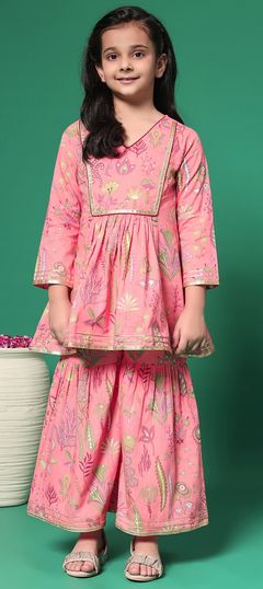 Festive, Summer Pink and Majenta color Girls Top with Bottom in Cotton fabric with Lace, Printed work : 1944507